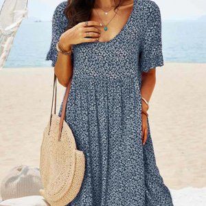 Cozy Lightweight Deep Blue Floral Boho Dress